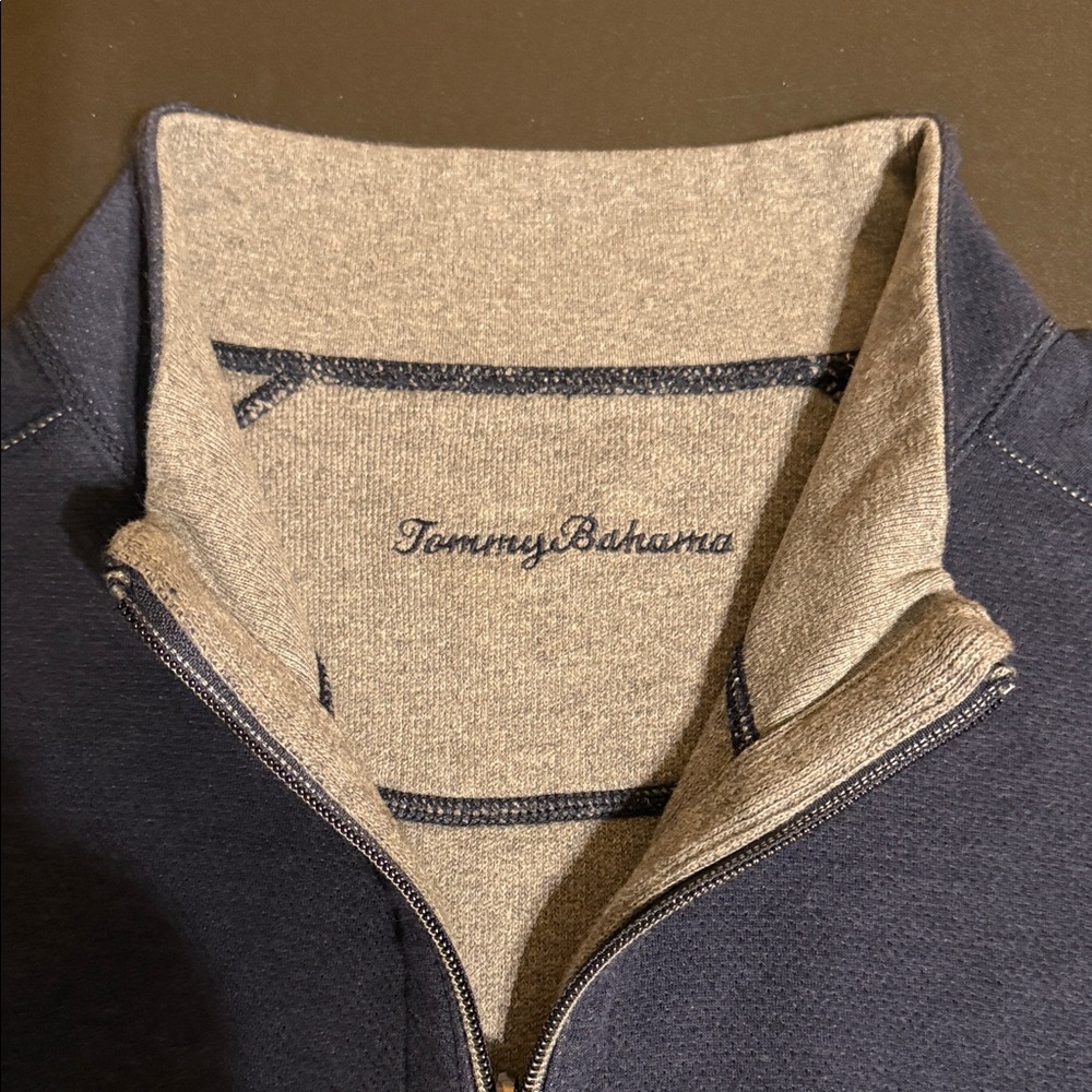 Tommy Bahama Men's Navy Blue and Gray Reversible Zip-Up Sweater Vest